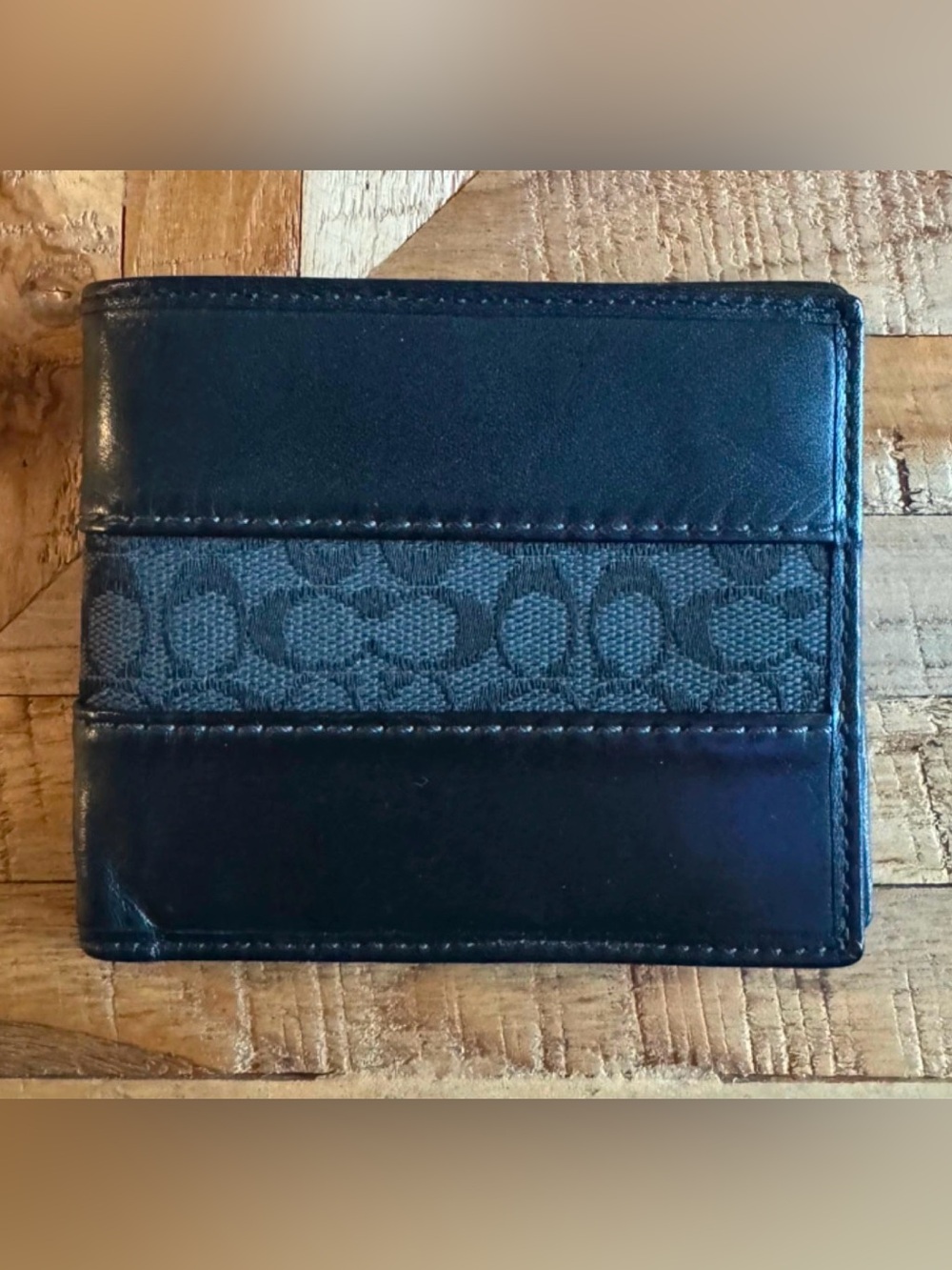 Coach Black Leather & Signature Jacquard Card Holder